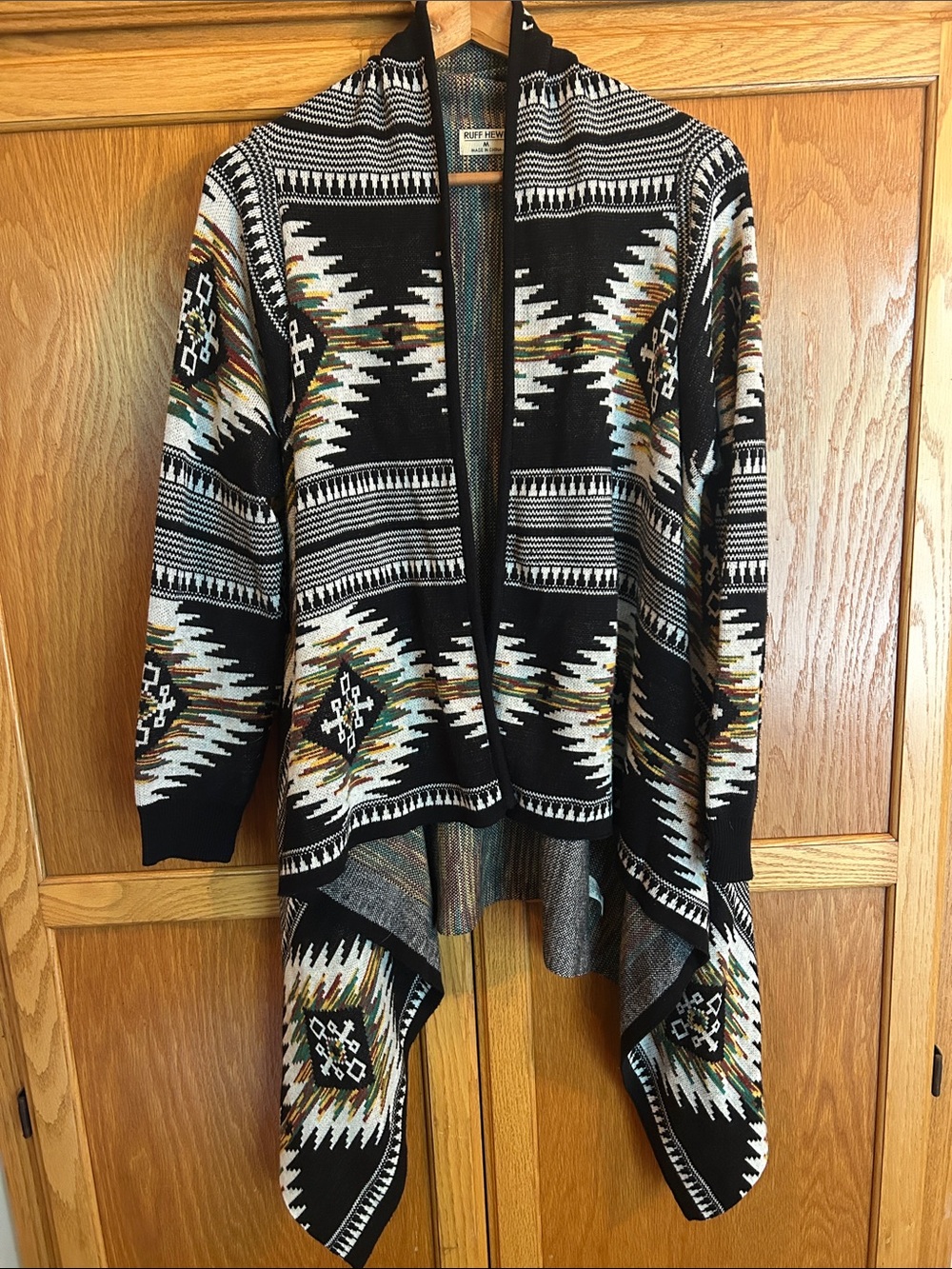 Ruff Hewn Black Aztec Open-Front Cardigan with Multicolor Accents
